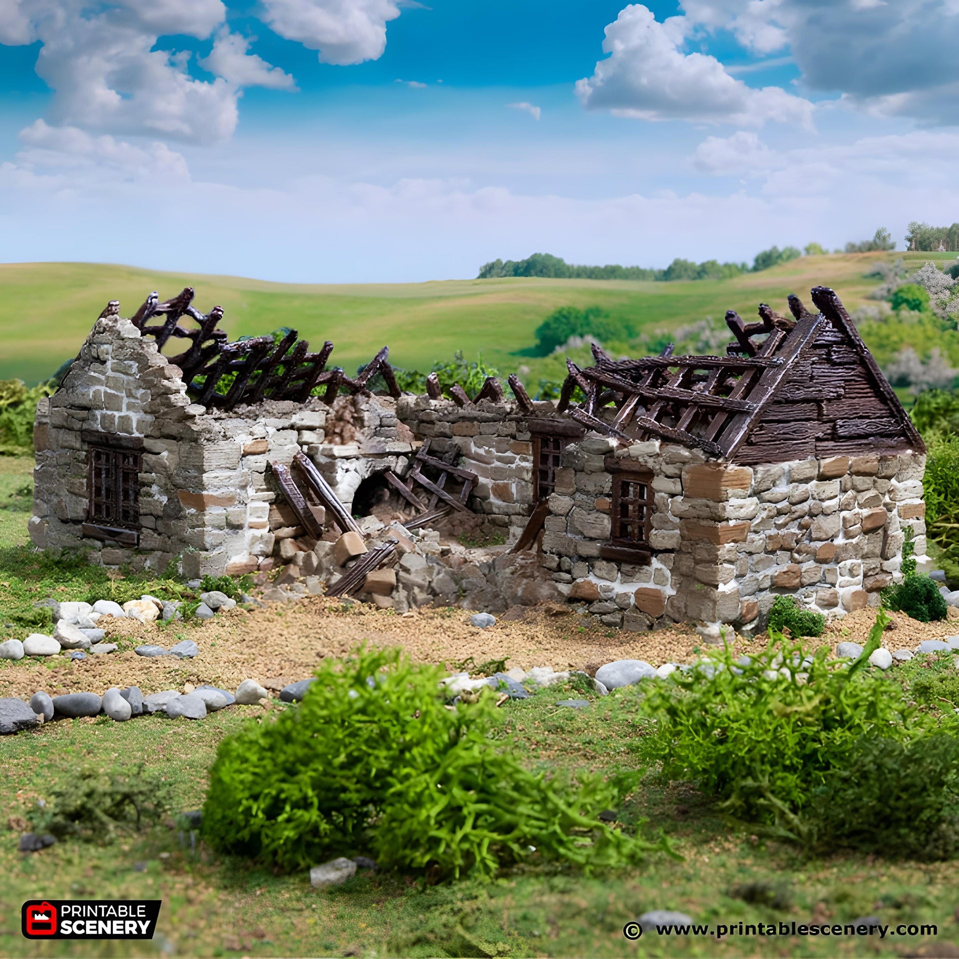 Ruined Highland Stone Barn. King and Country, 15mm, 28mm, 32mm - Printable Scenery | 28mm and 32mm | Wargaming | DnD | Tabletop Roleplaying