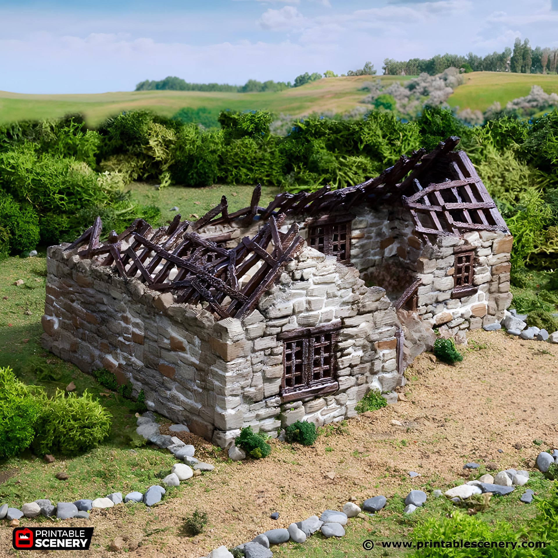 Ruined Highland Stone Barn. King and Country, 15mm, 28mm, 32mm - Printable Scenery | 28mm and 32mm | Wargaming | DnD | Tabletop Roleplaying