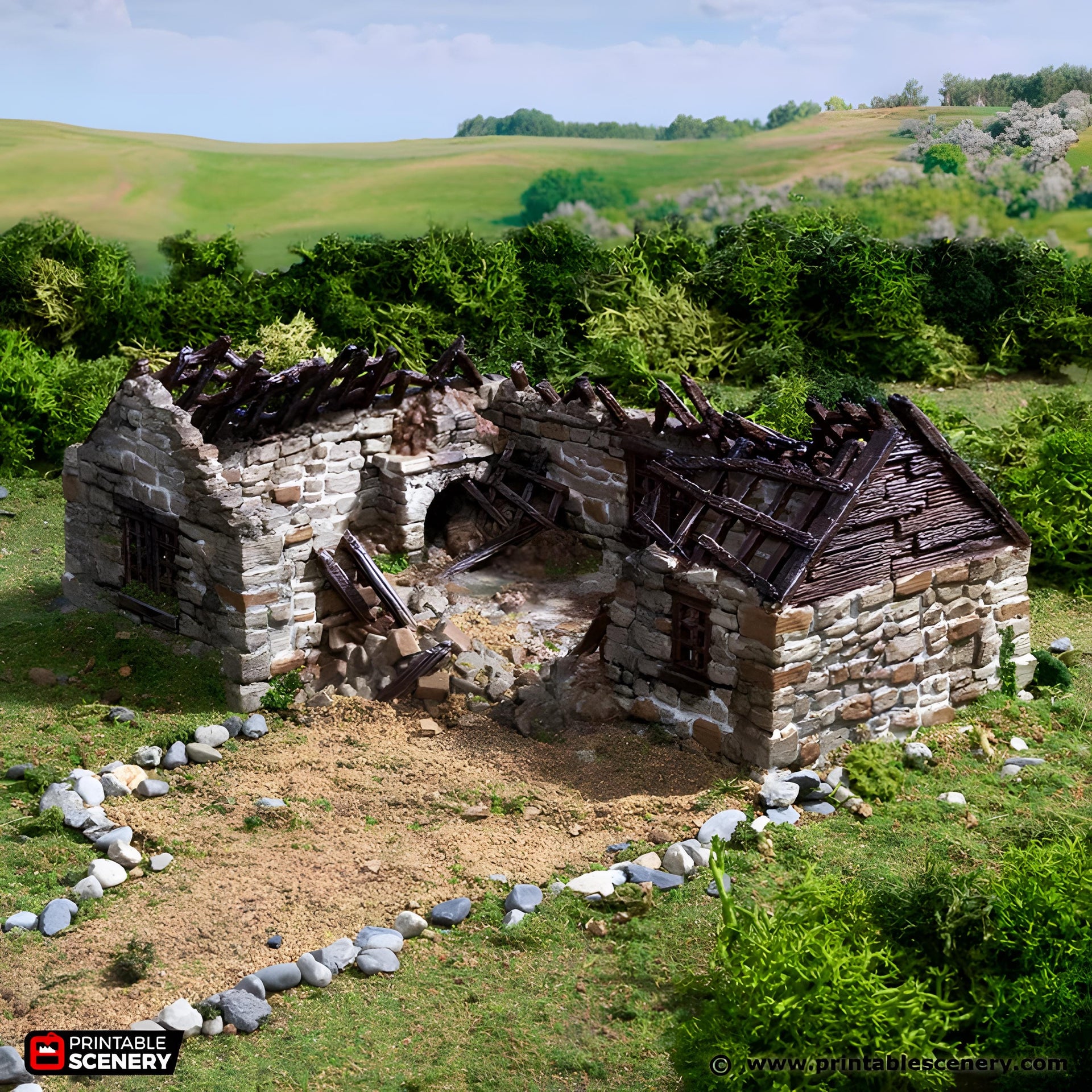 Ruined Highland Stone Barn. King and Country, 15mm, 28mm, 32mm - Printable Scenery | 28mm and 32mm | Wargaming | DnD | Tabletop Roleplaying