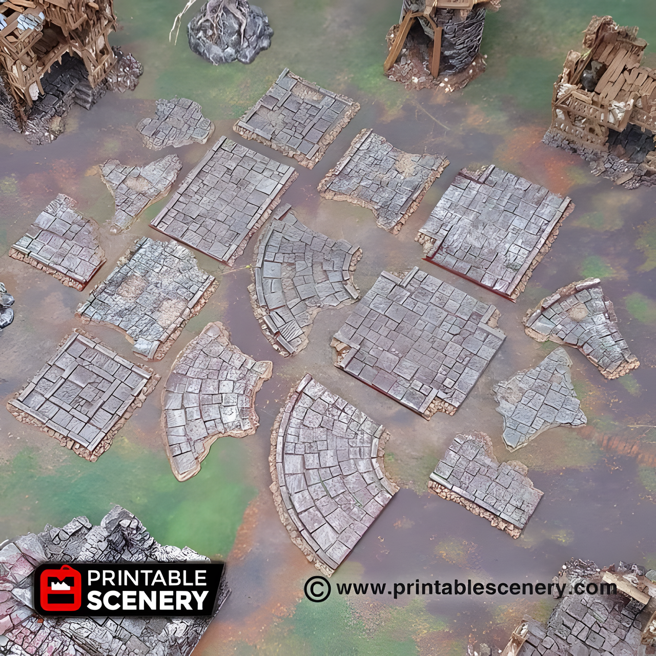 Roads of Ruin, 22 Piece flagstone streets, 15mm, 28mm, 32mm - Printable Scenery