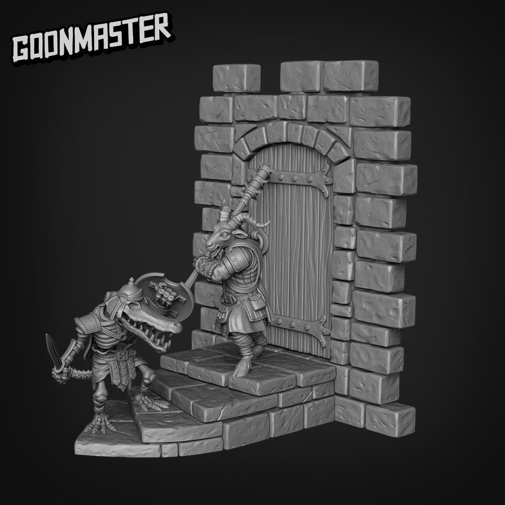 Gruff Goat Diorama Fight Scene - Goonmaster | Wargaming | Roleplaying Games | 32mm | Crocodile Skeleton