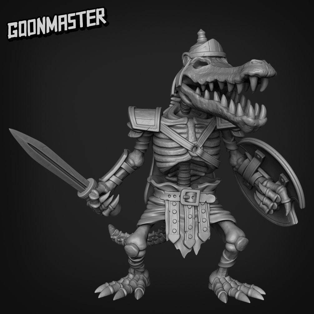 Crocodile Skeleton Warrior - Goonmaster | Miniature | Gruff Goats | Wargaming | Roleplaying Games | 32mm | Spear | Sword