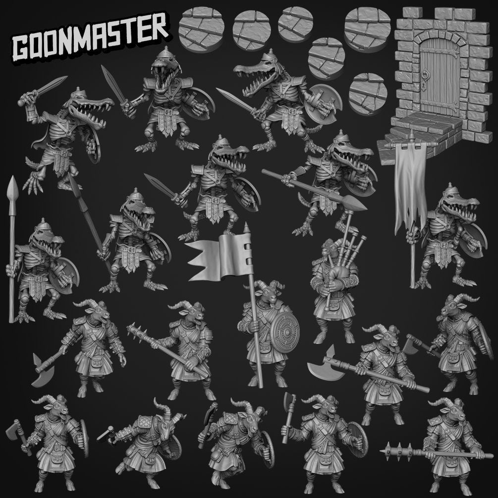 Gruff Goat Diorama Fight Scene - Goonmaster | Wargaming | Roleplaying Games | 32mm | Crocodile Skeleton