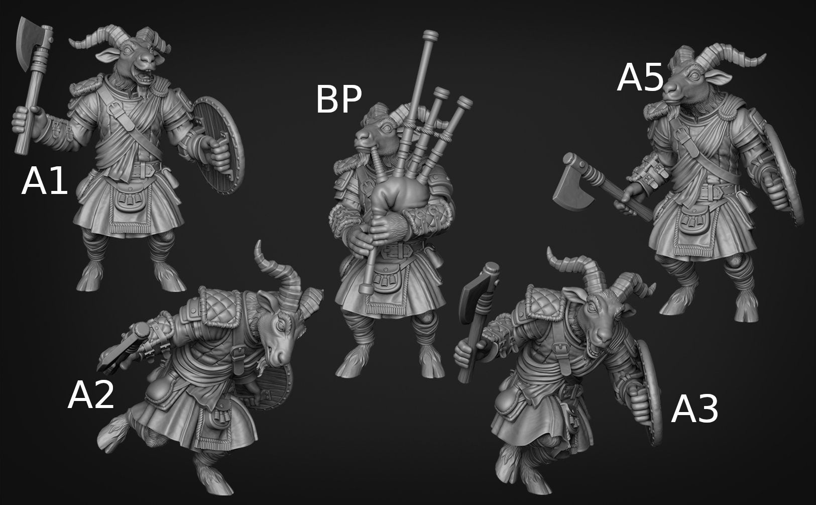 Gruff Goat Warriors - Goonmaster | Wargaming | Roleplaying Games | 32mm | Axe | Bag Pipes | Mace | Banner
