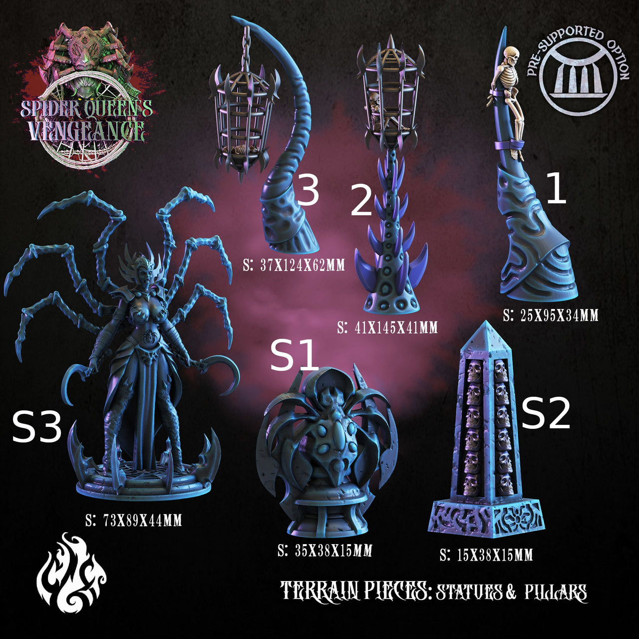 Dark Elf Statues & Pillars Terrain - Crippled God Foundry | Spider Queens Vengeace | 32mm
