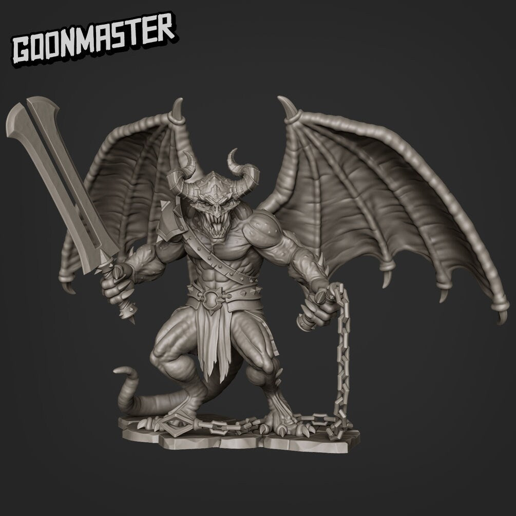 Demon Lord  - Goonmaster | Miniature | Spooky Town | Wargaming | Roleplaying Games | 32mm | Devil | Chain Whip | Sword