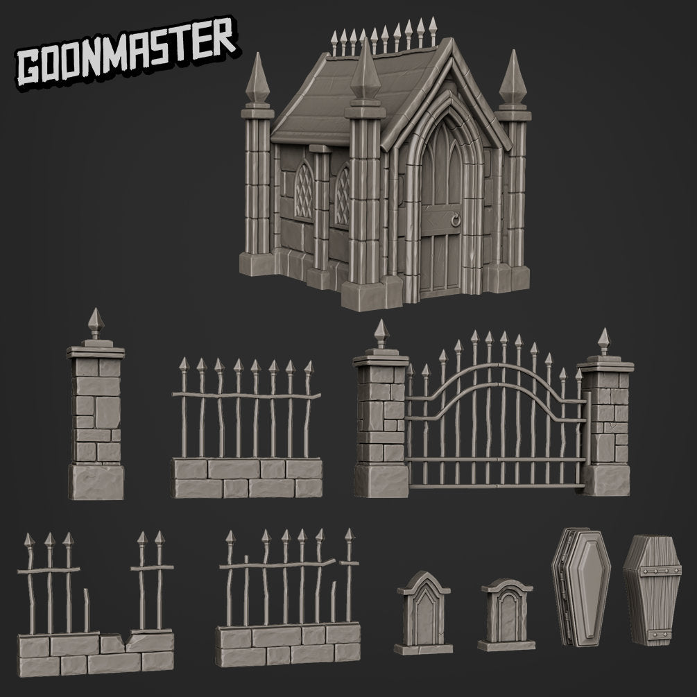 Graveyard Terrain Bundle   - Goonmaster | Miniature | Spooky Town | Wargaming | Roleplaying Games | 32mm | Tomb | Mausoleum