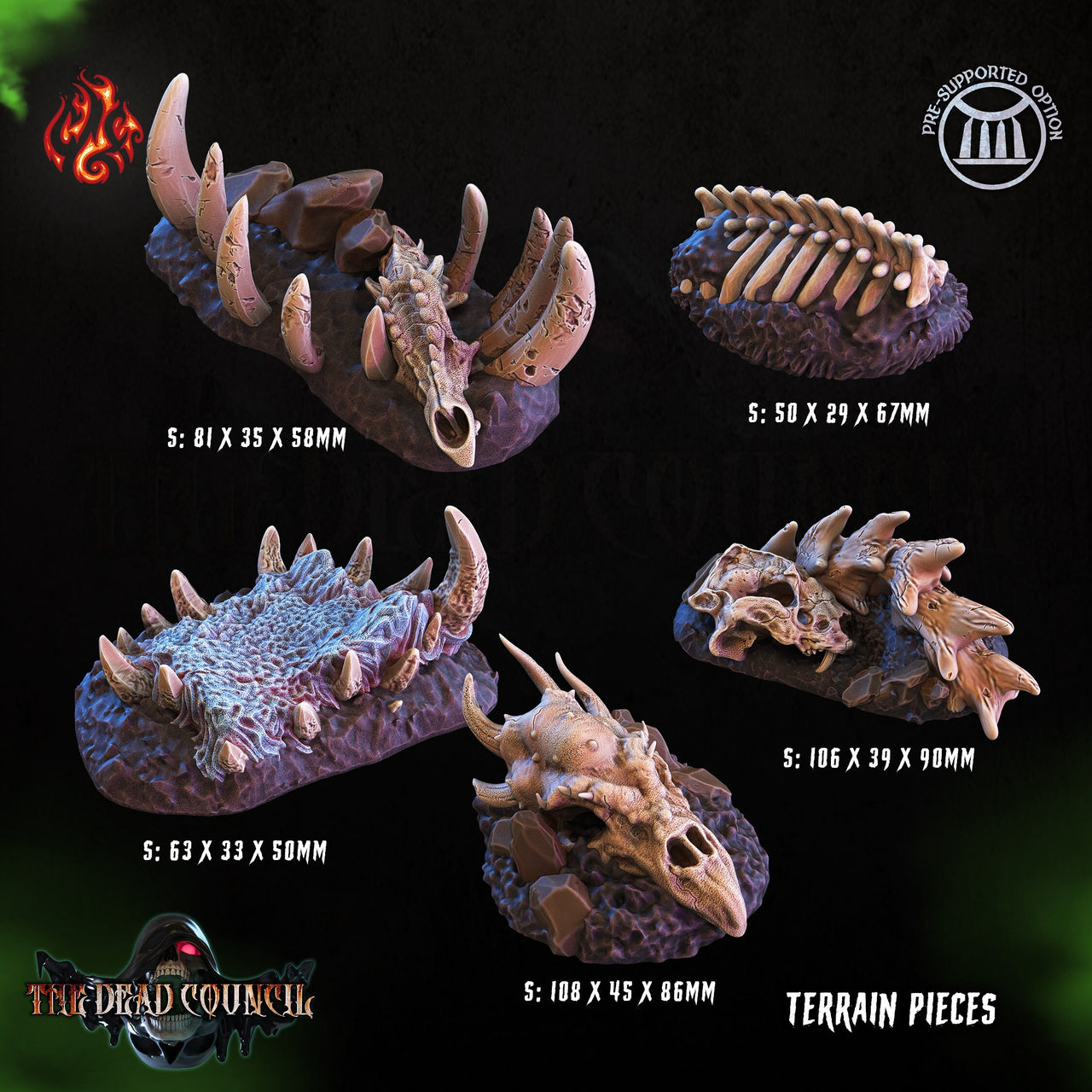 Monster Bones Terrain Pieces - Crippled God Foundry - The Dread Council | 32mm | Graveyard | Giant | Dinosaur | Demon