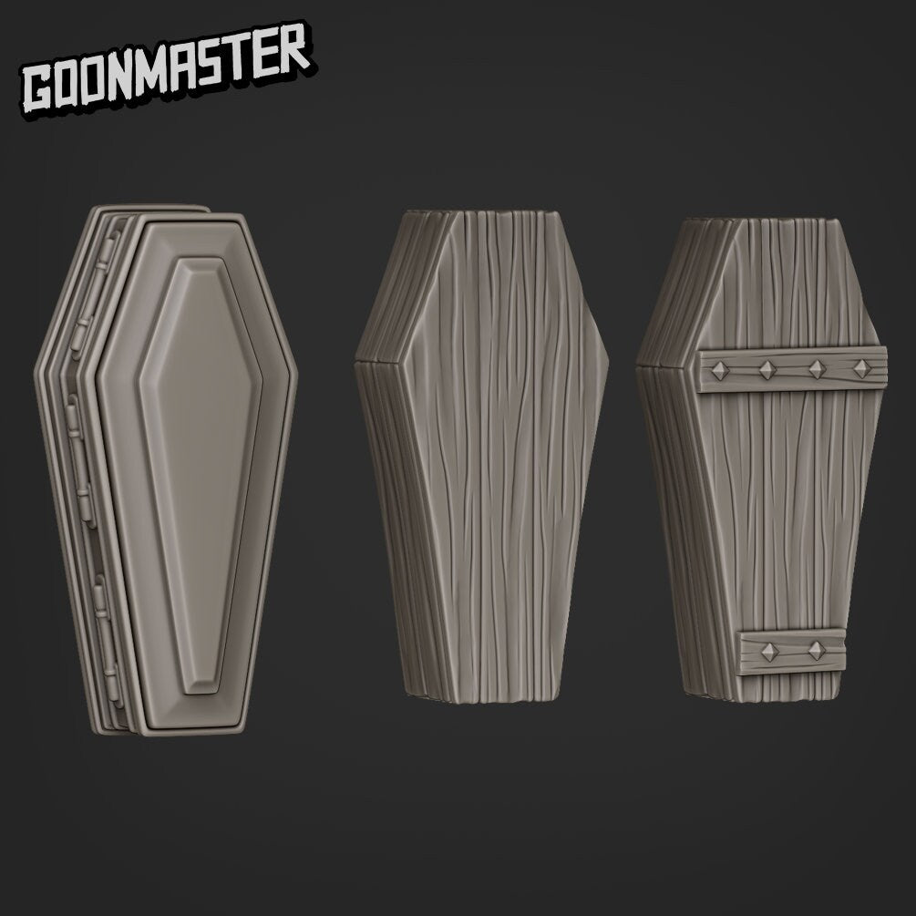 Coffin Terrain with seperate lids  - Goonmaster | Miniature | Spooky Town | Wargaming | Roleplaying Games | 32mm | Graveyard