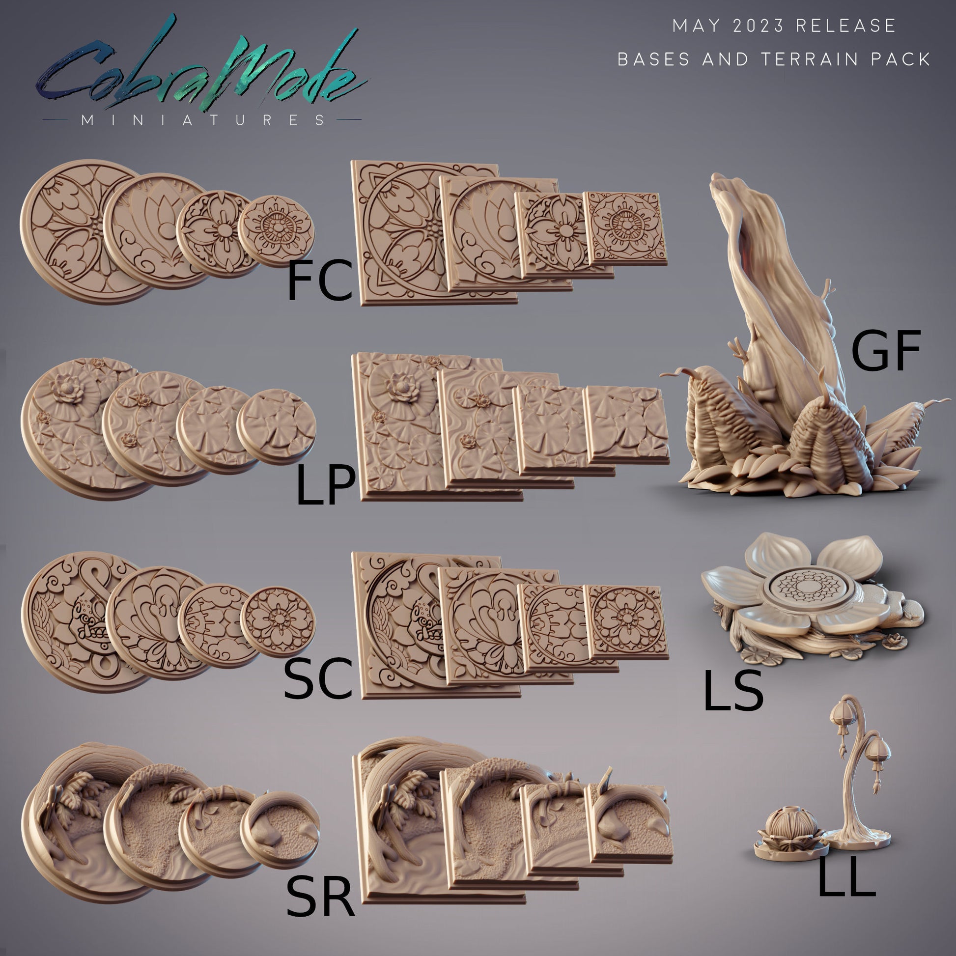 Flower and Swamp Crest Miniature Bases\\ - CobraMode | Wargaming | Roleplaying Games | 25.4 | 30mm | 40mm | 50mm | Lily pad | Root