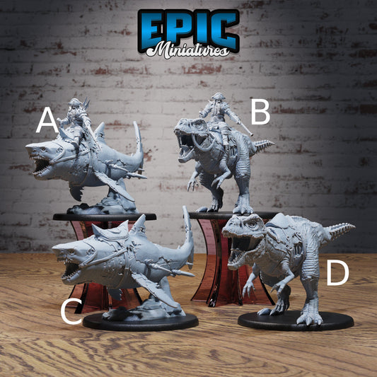 Cursed Captain on Zombie T-Rex mount, Zombie Shark Mount - Epic Miniatures | 32mm | Pirate Scourge
