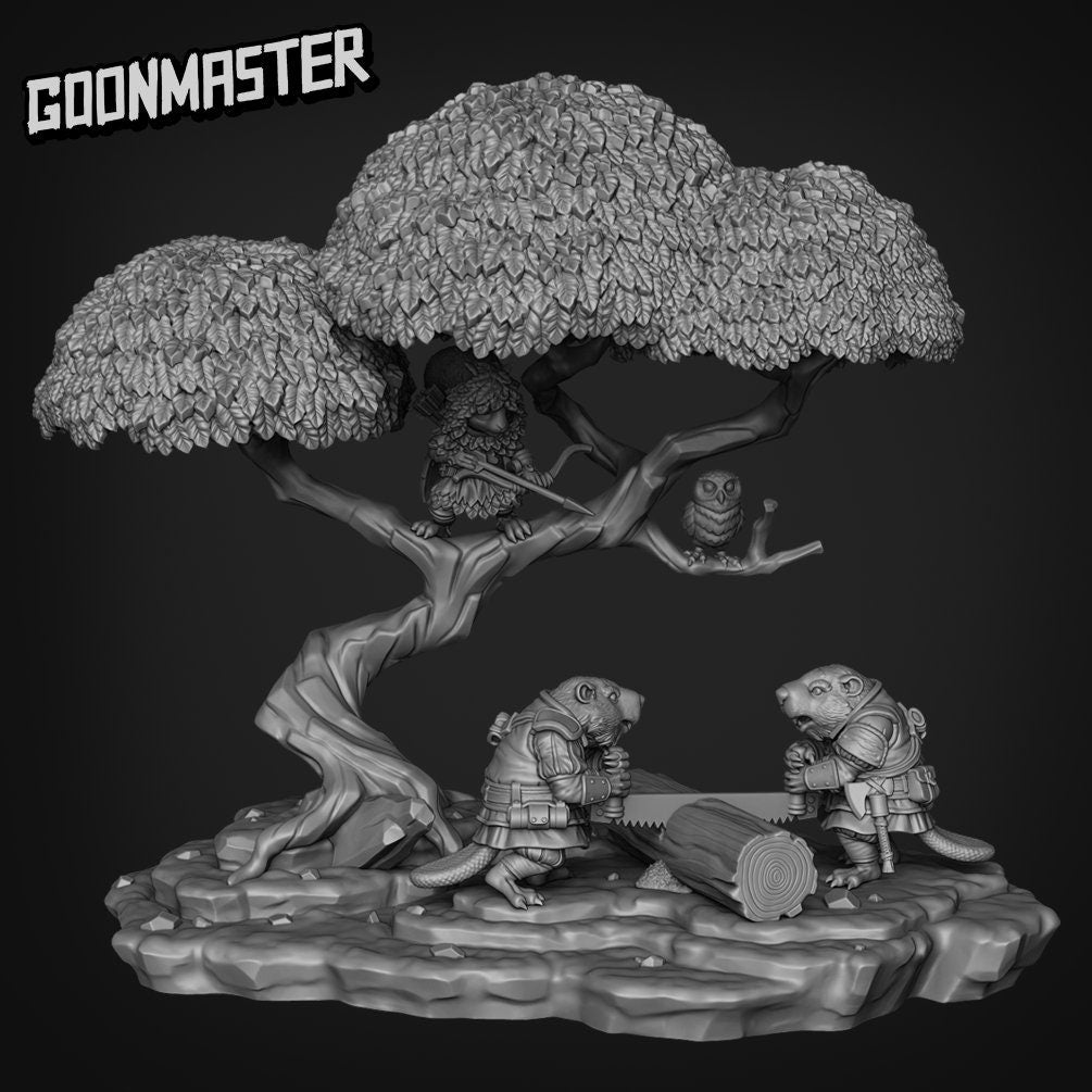 Battle Beaver Diorama - Goonmaster | Miniature | Koala Combat Club | Wargaming | Roleplaying Games | 32mm | Squirrel | Logging | Saw