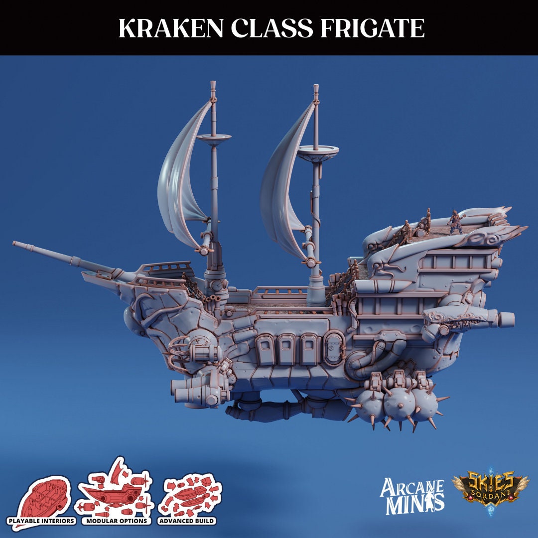 Kraken Class Frigate - Arcane Minis | 32mm | Destroyer | Airship | Sails | Pirate Ship
