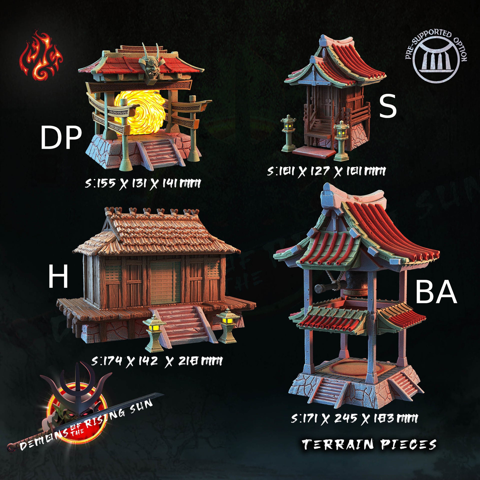 Demon Town Terrain - Crippled God Foundry | 32mm | Demons of the Rising Sun | Shrine | Temple | Sumo | Hut