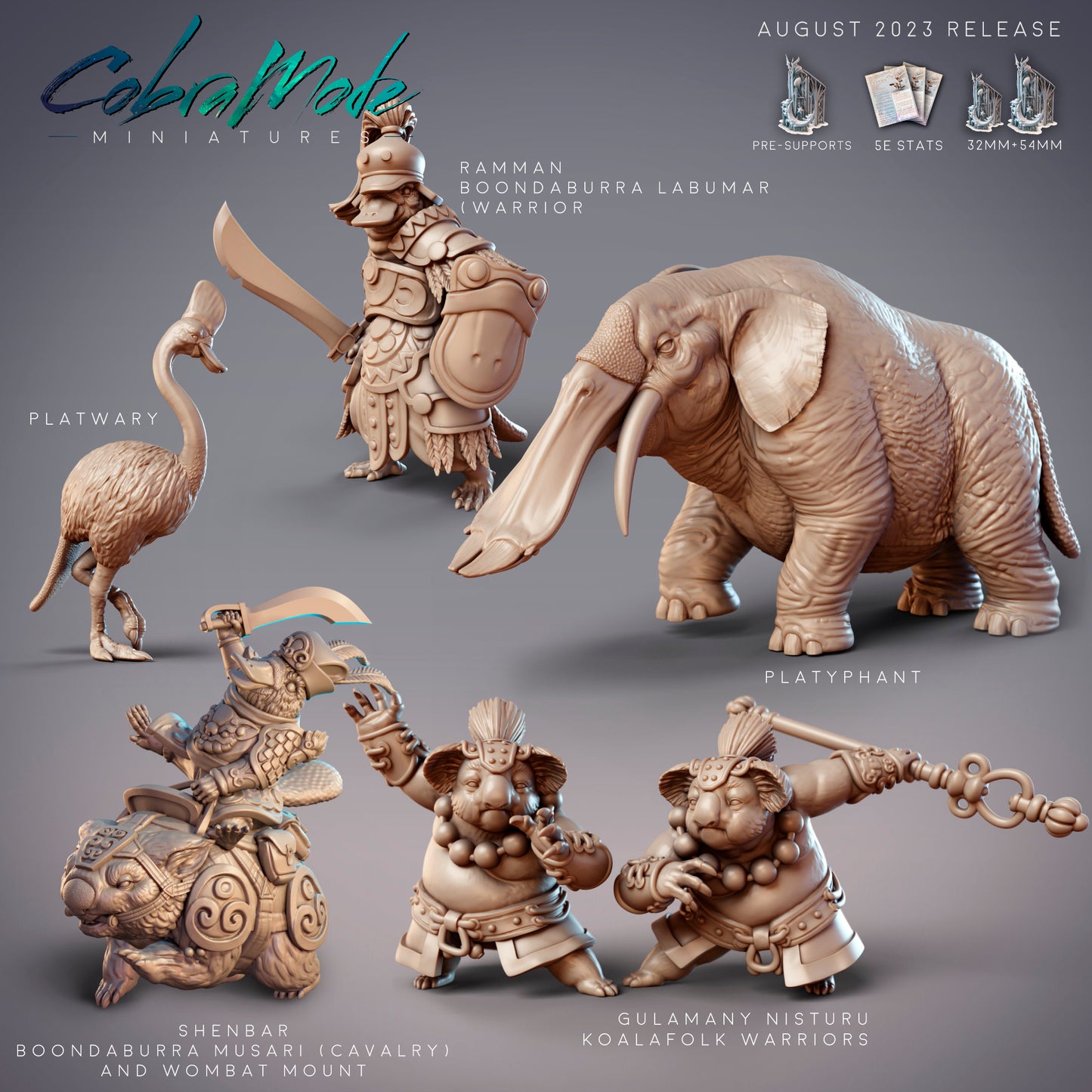 Gulamany Nisturu, Koala Monk, Platypus Brute- CobraMode | Miniature | Wargaming | Roleplaying Games | 32m