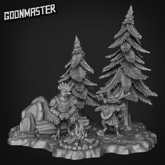 Campfire Diorama - Goonmaster | Miniature | Wargaming | Roleplaying Games | 32mm | Rooster Knight | Fennec Fox Bard