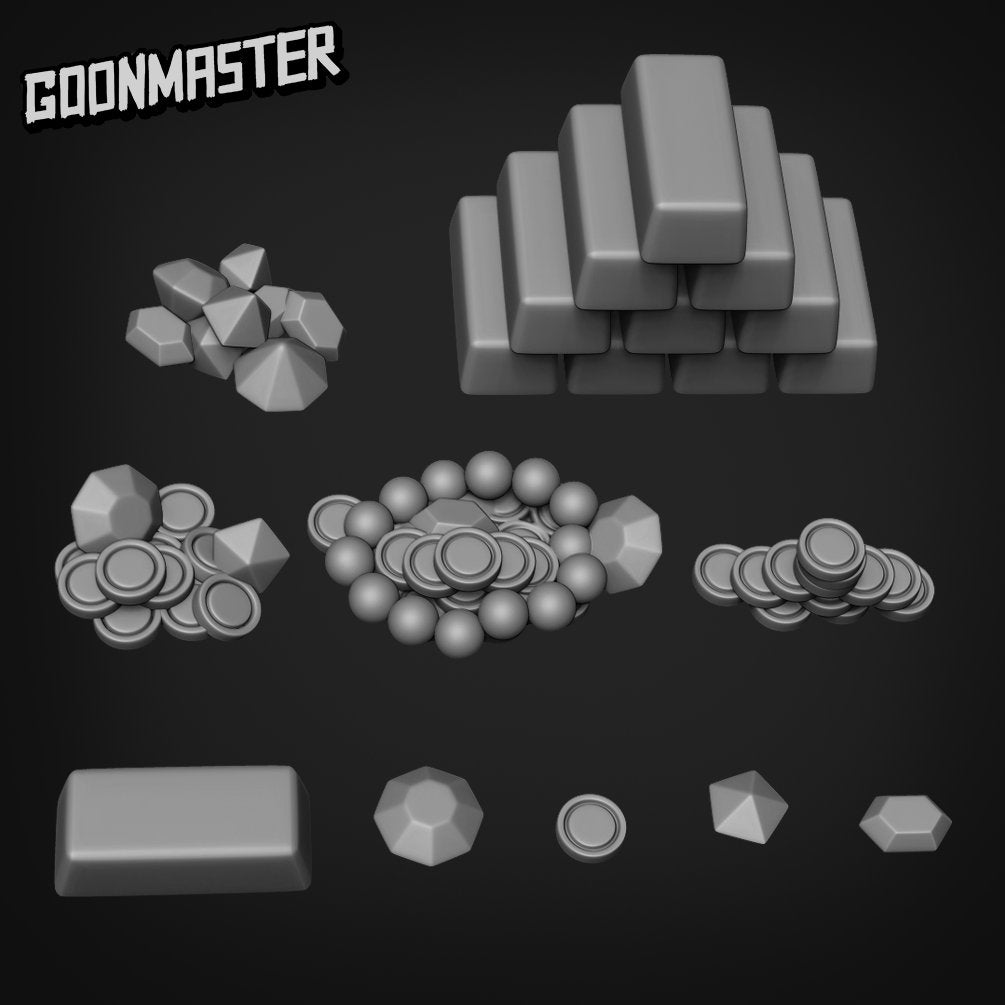Treasure - Goonmaster Basing Bits | Miniature | Wargaming | Roleplaying Games | 32mm | Basing Supplies | Gold bars | Coins | Jewels | Gems