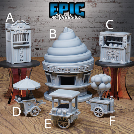 Carnival Shops- Epic Miniatures | Ninth Age | 32mm | Nightsky Carnival | Circus | Ice-cream Stand | Baloons | Popcorn | Cotton Candy