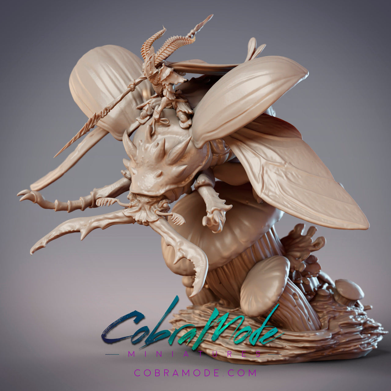 Fidelium Knight Riodin with Cervus Beetle, Mothfolk Beetle Cavalry - CobraMode | Miniature | Wargaming | Roleplaying Games | 32mm