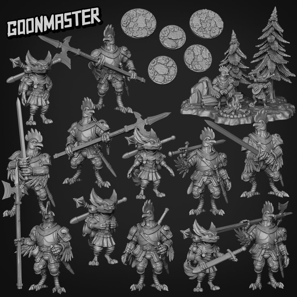 Campfire Diorama - Goonmaster | Miniature | Wargaming | Roleplaying Games | 32mm | Rooster Knight | Fennec Fox Bard