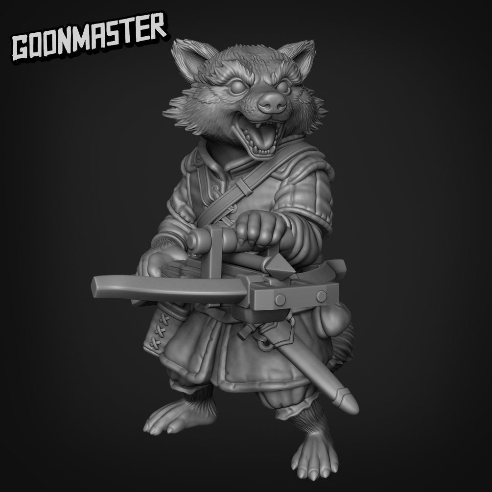 Crossbow Racoon - Goonmaster | Rogueish Racoons Miniature | Wargaming | Roleplaying Games | 32mm | Archer | Rogue | Bandit | Mercenary