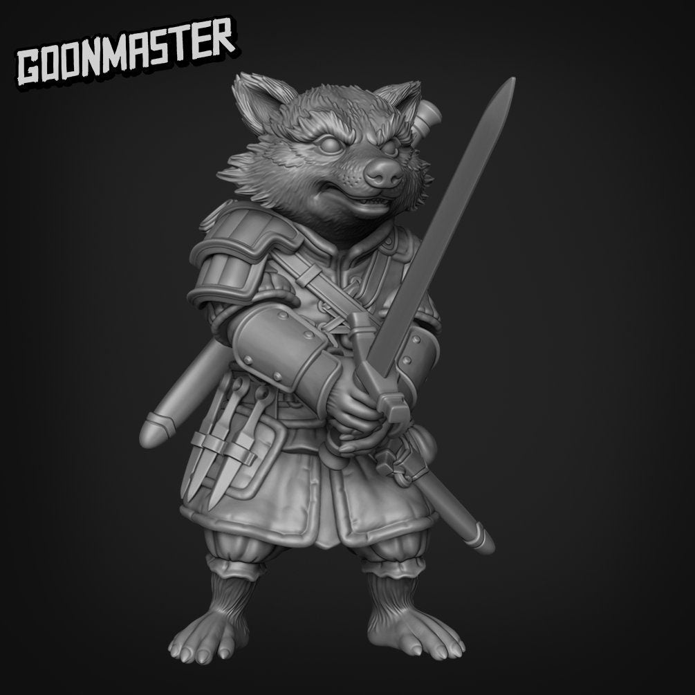 Racoon Rogue - Goonmaster | Rogueish Racoons Miniature | Wargaming | Roleplaying Games | 32mm | Fighter | Bandit | Mercenary