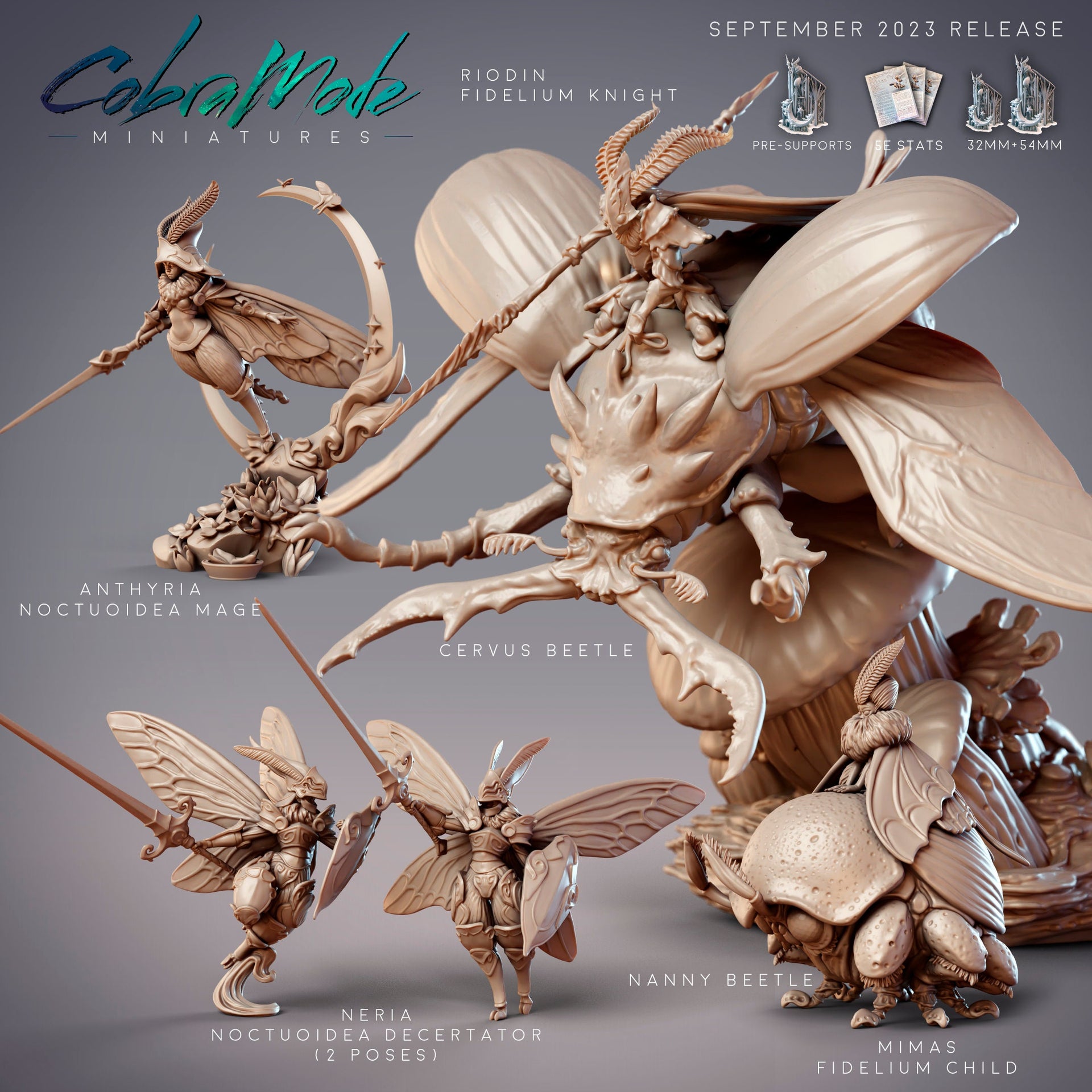 Fidelium Child Mimas and Beetle, Young Mothfolk - CobraMode | Miniature | Wargaming | Roleplaying Games | 32mm | 54mm
