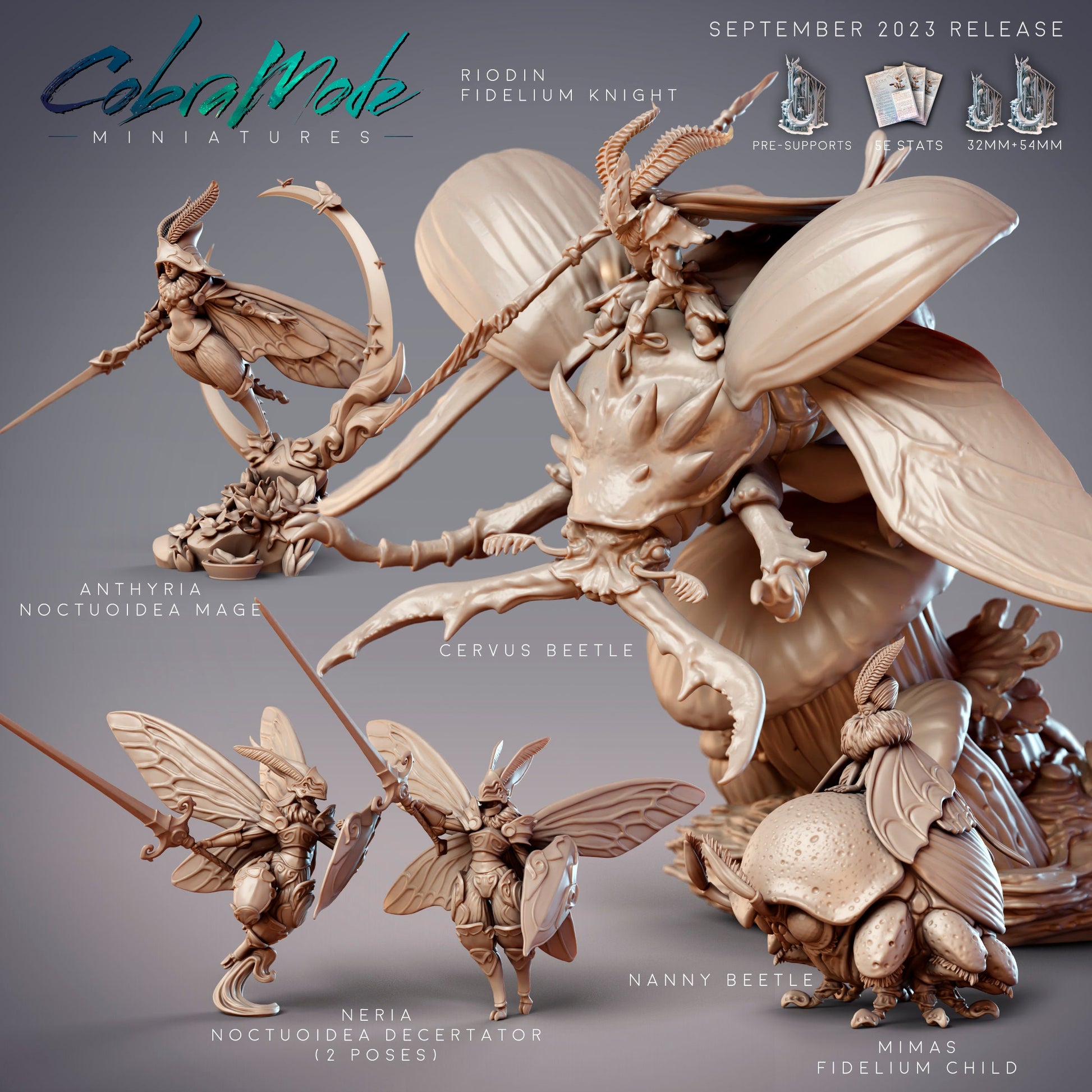 Noctuoidea Decertator Neria, Mothfolk Knights - CobraMode | Miniature | Wargaming | Roleplaying Games | 32mm | 54mm