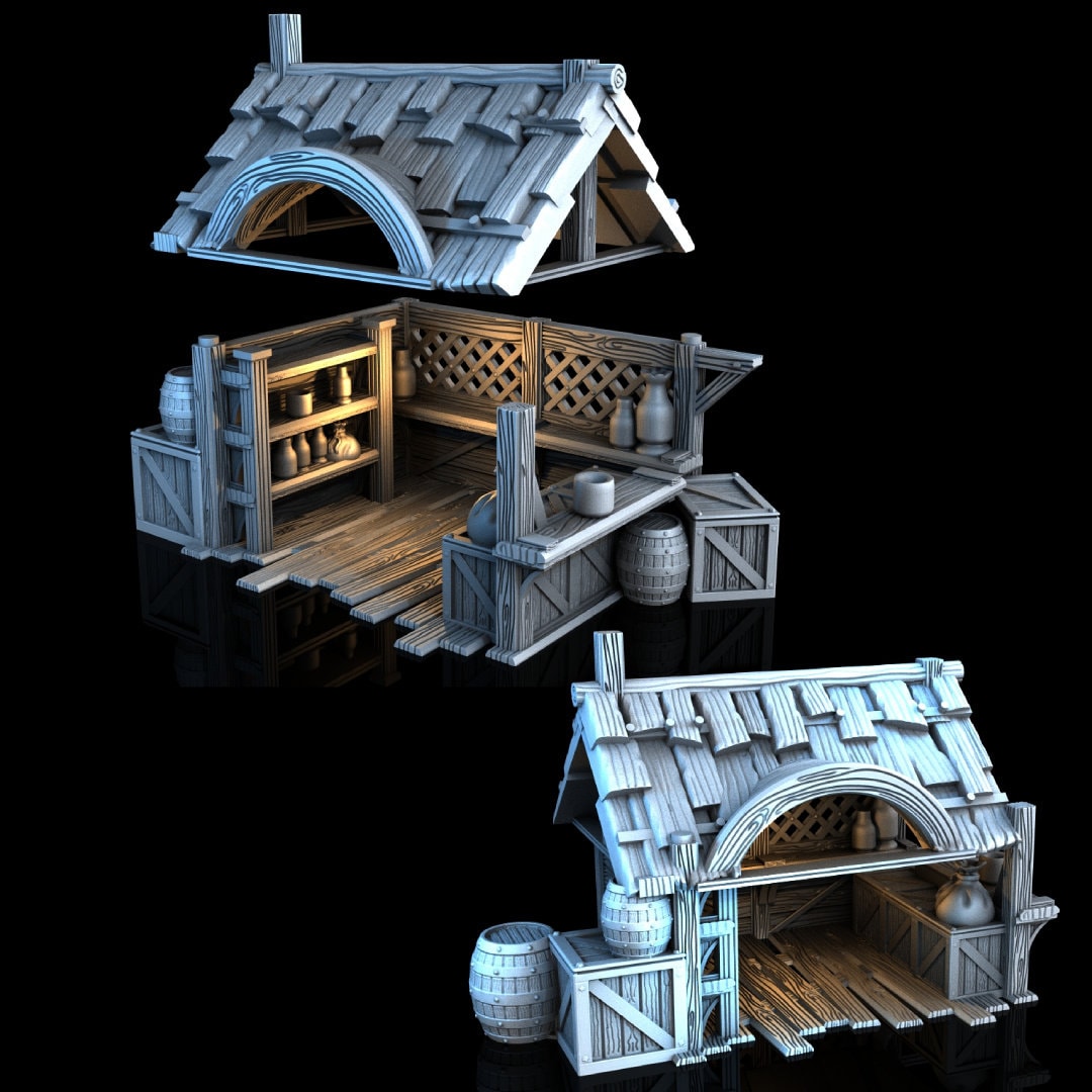 Market Stall - 3DP4U Medieval Town | Miniature | Wargaming | Roleplaying Games | 32mm | Hut | Playable | Filament | 3d printed