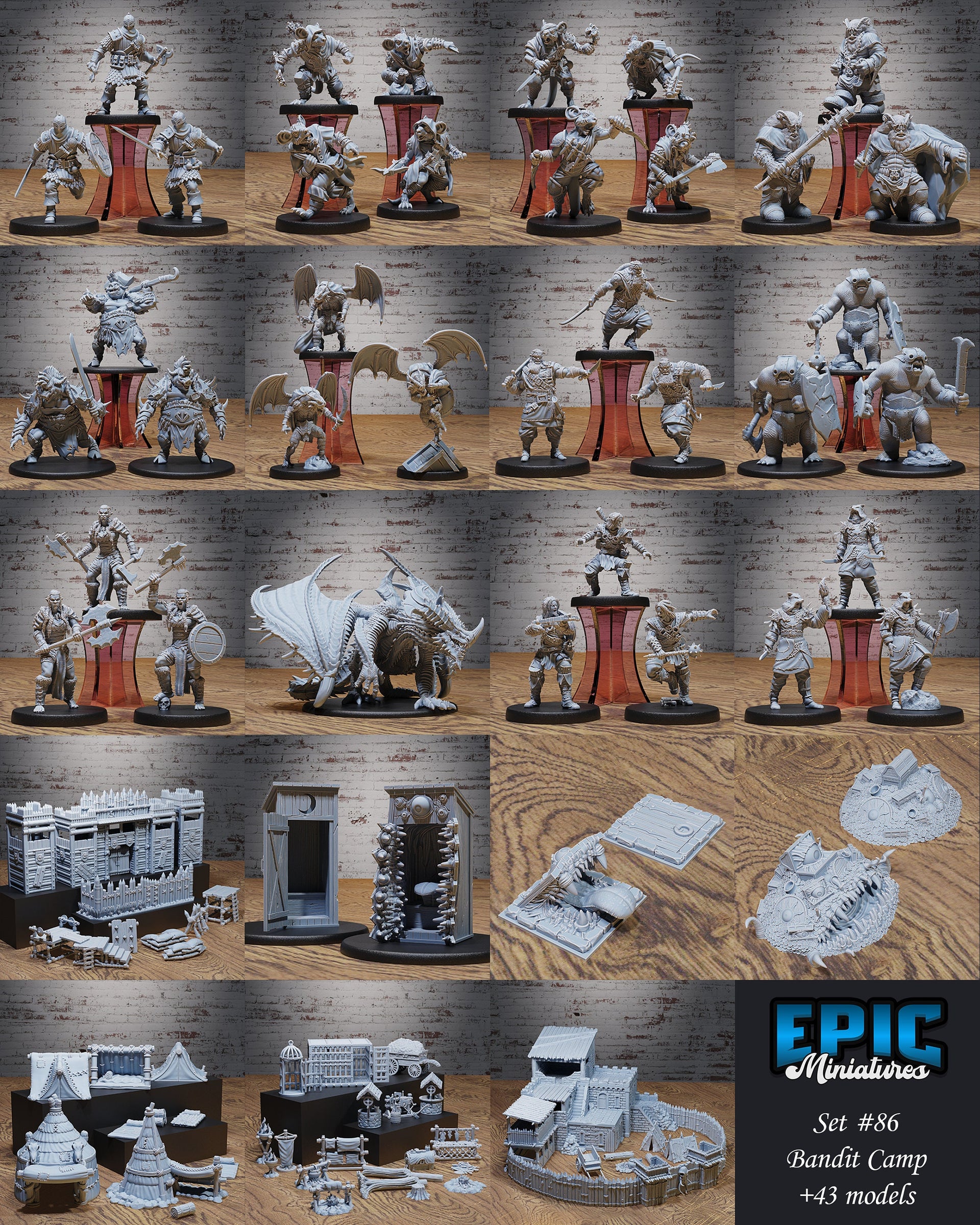 Bandit Camp Scatter Terrain - Epic Miniatures | 28mm | 32mm | Well | Cage | Torch | Log | Fire