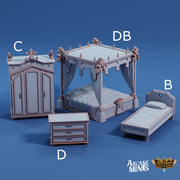 Skyline Scatter Terrain - Arcane Minis | 32mm | The Nightmare Express | Bedroom | Four Post Bed | Closet | Drawers