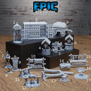 Bandit Camp Scatter Terrain - Epic Miniatures | 28mm | 32mm | Well | Cage | Torch | Log | Fire