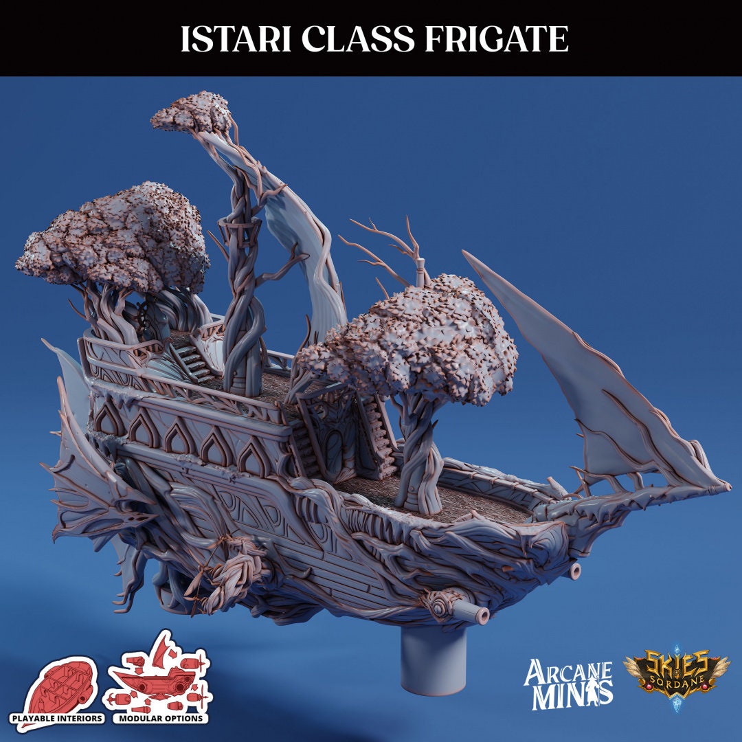 Istari Frigate - Arcane Minis | 32mm | Destroyer | Sails | Pirate Ship | Elf | Tree | Forest