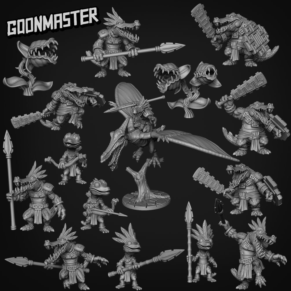 Gecko Warrior - Goonmaster | Miniature | Wargaming | Roleplaying Games | 32mm | Aztec | Lizard | Ranger | Guard | Spear | Archer