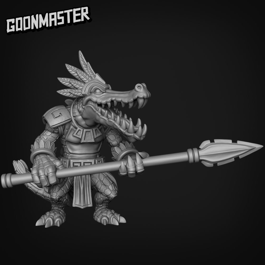 Croc Spear Warrior - Goonmaster | Miniature | Wargaming | Roleplaying Games | 32mm | Aztec | Crocodile | Fighter | Alligator