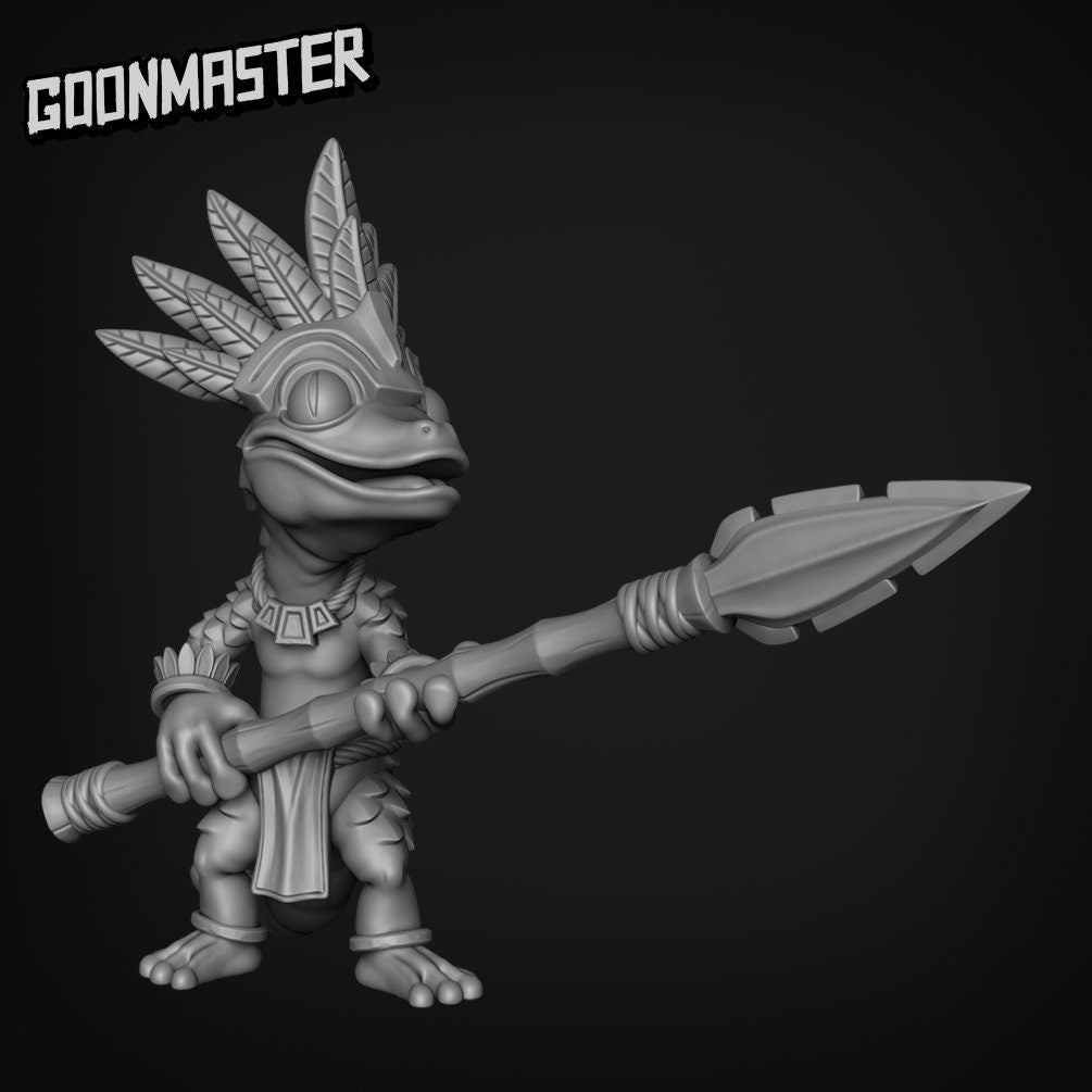 Gecko Warrior - Goonmaster | Miniature | Wargaming | Roleplaying Games | 32mm | Aztec | Lizard | Ranger | Guard | Spear | Archer