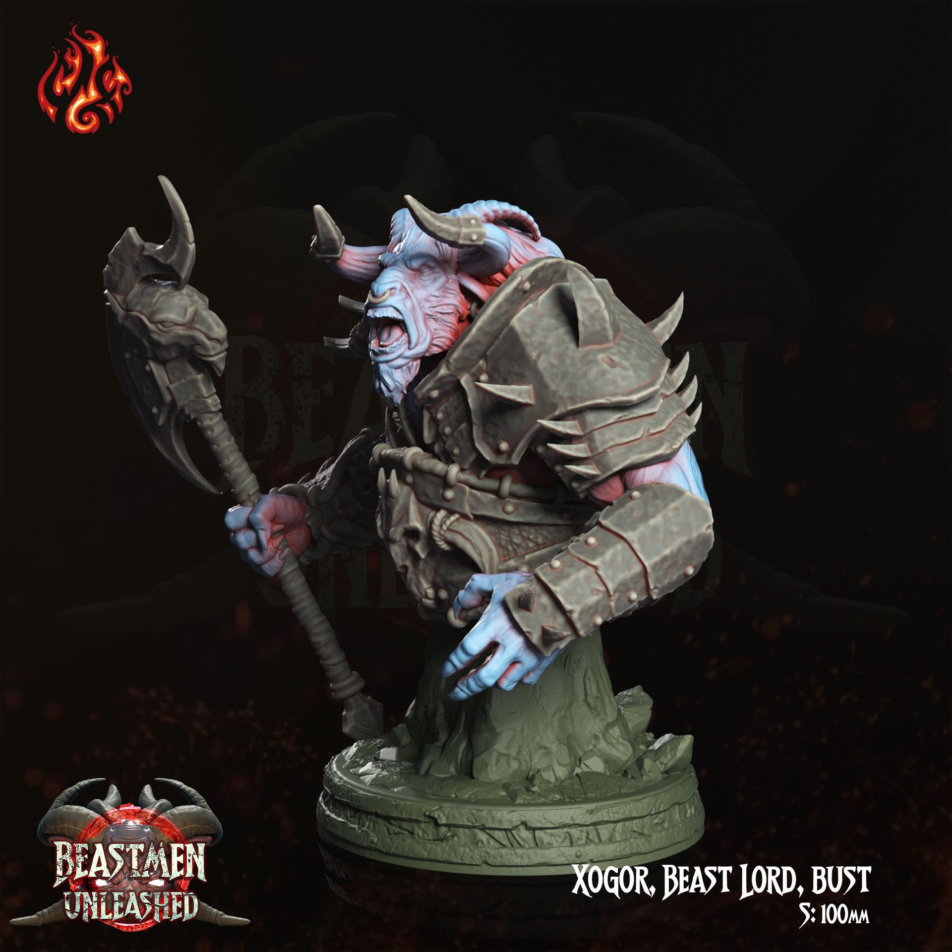 Xogor, Beast Lord Bust - Crippled God Foundry | 32mm | Beastmen Unleashed | Barbarian | Chaos | Champion | Bull | General