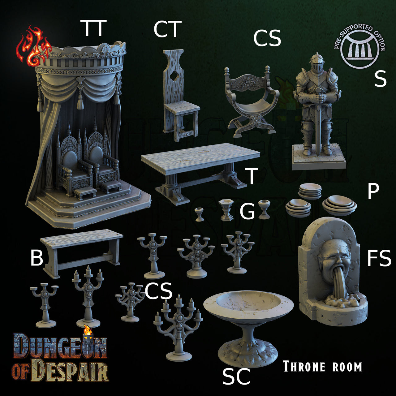 Throne Room Scatter Terrain - Crippled God Foundry, Dungeon of Despair | 32mm | Banner | Candlestick | Fireplace | Portrait | Fountain