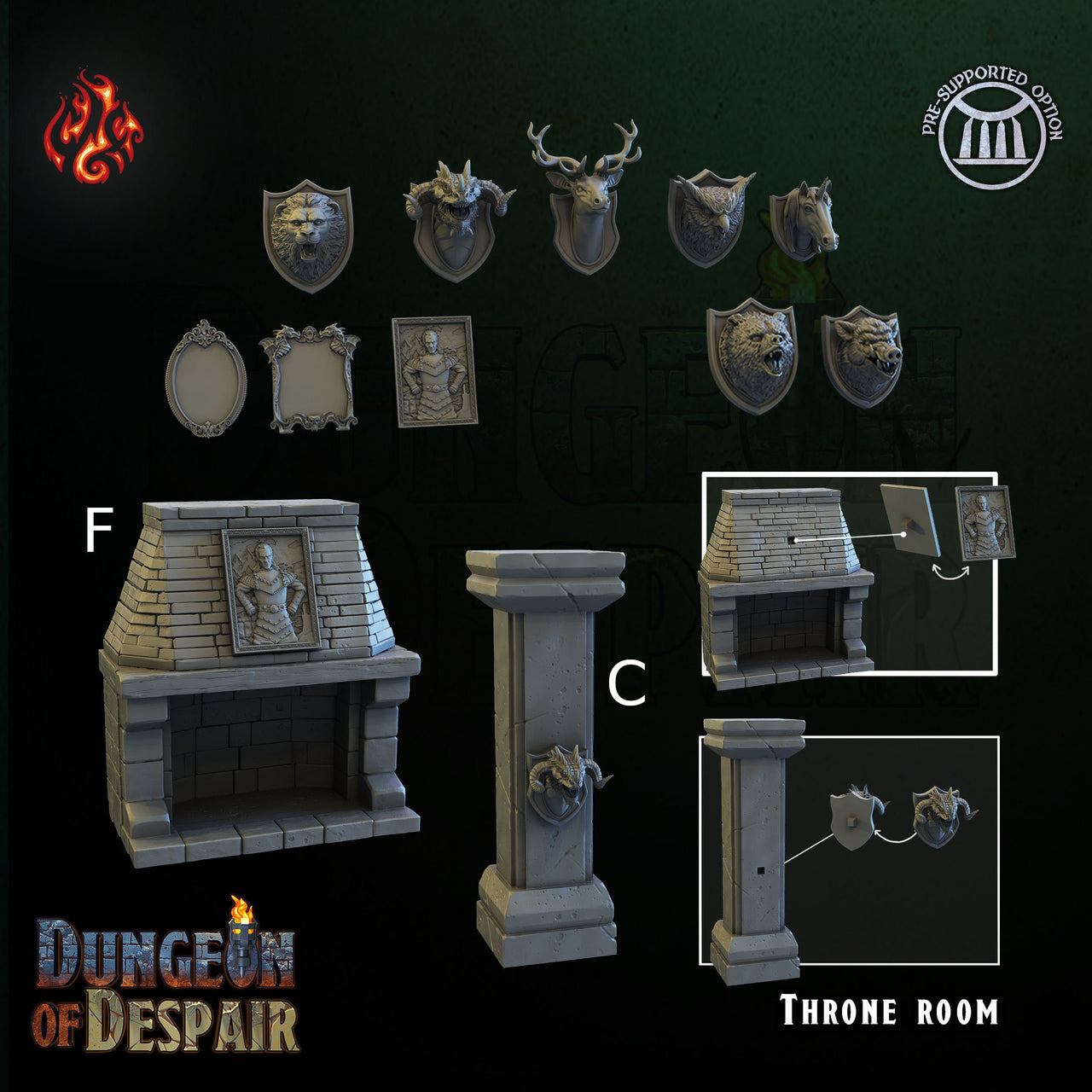 Fireplace with Trophy Heads - Crippled God Foundry, Dungeon of Despair | 32mm | Owl Bear | Portrait | Deer | Unicorn | Dragon | Lion