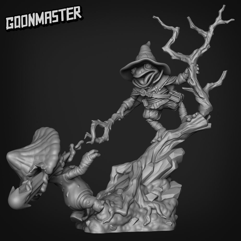 Mushroom Massacre, Frog Wizard Diorama - Goonmaster | Miniature | Might Meerkats | Wargaming | Roleplaying Games | 32mm | Tree
