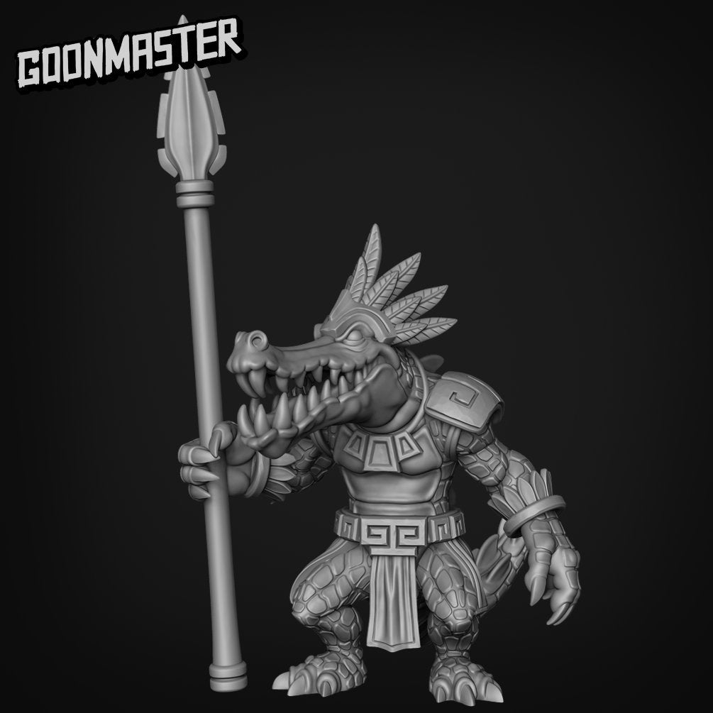 Croc Spear Warrior - Goonmaster | Miniature | Wargaming | Roleplaying Games | 32mm | Aztec | Crocodile | Fighter | Alligator