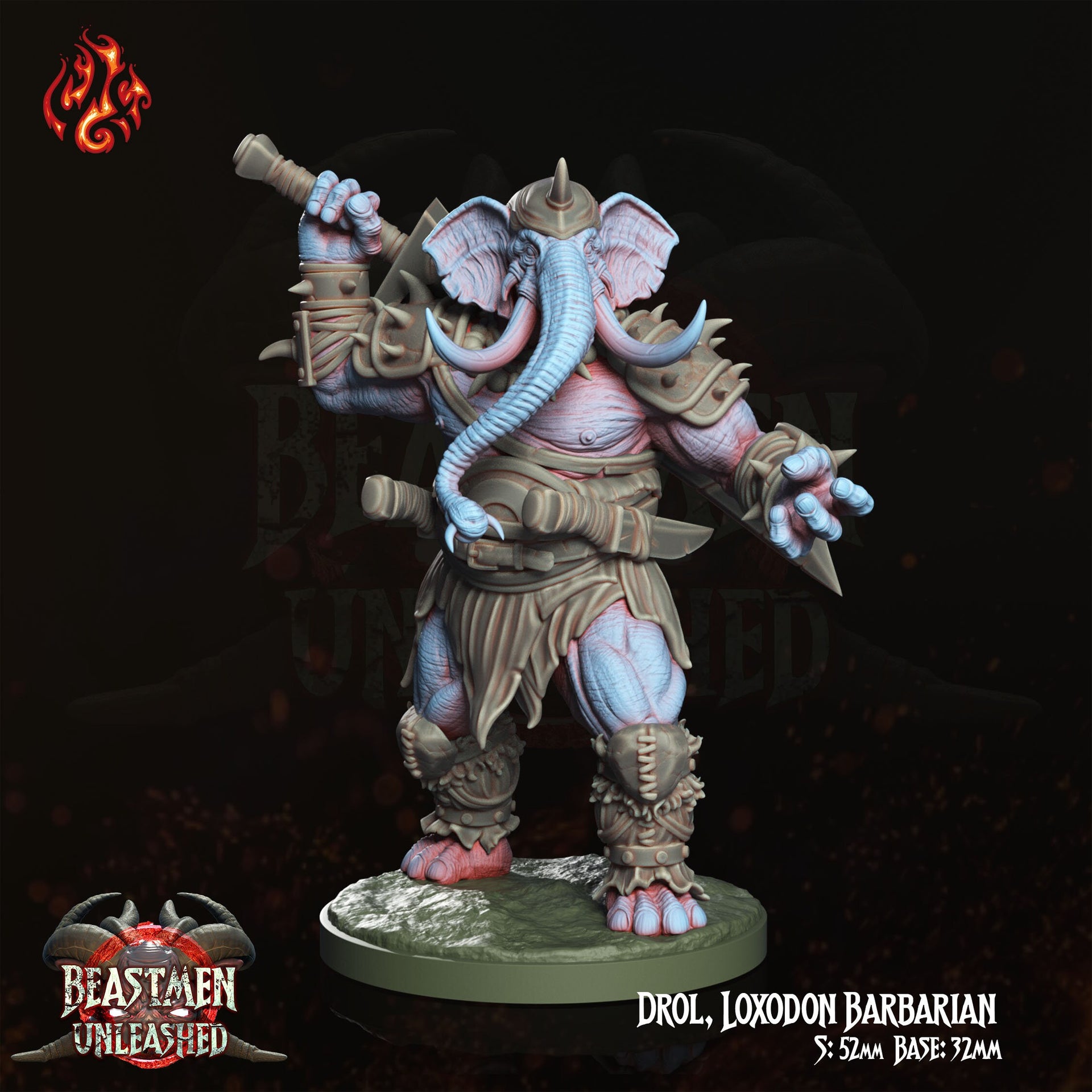 Drol, Loxodon Barbarian - Crippled God Foundry | 32mm | Beastmen Unleashed | Elephant | Fighter | ChampionWarrior