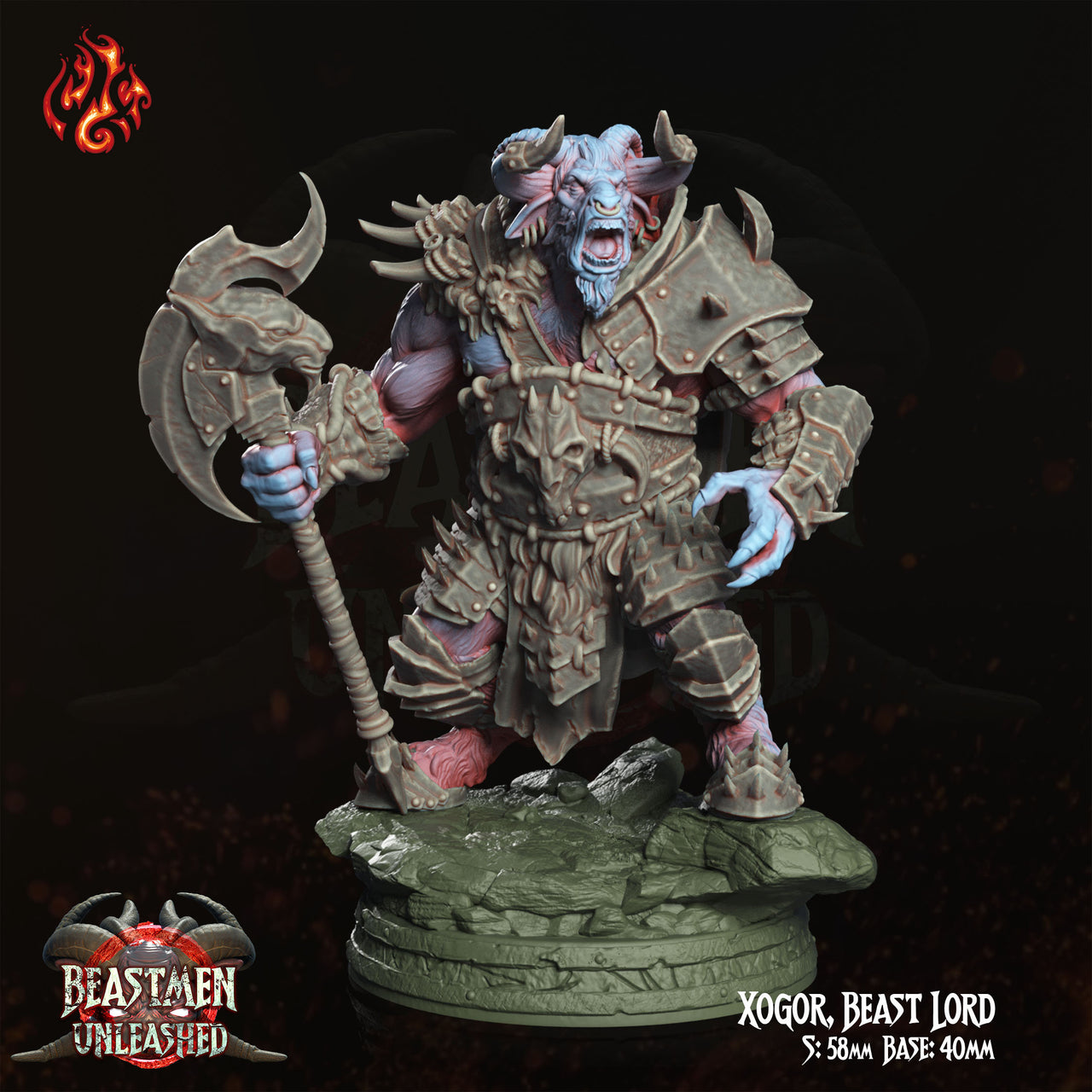 Xogor, Beast Lord - Crippled God Foundry | 32mm | Beastmen Unleashed | Barbarian | Chaos | Champion | Bull | General