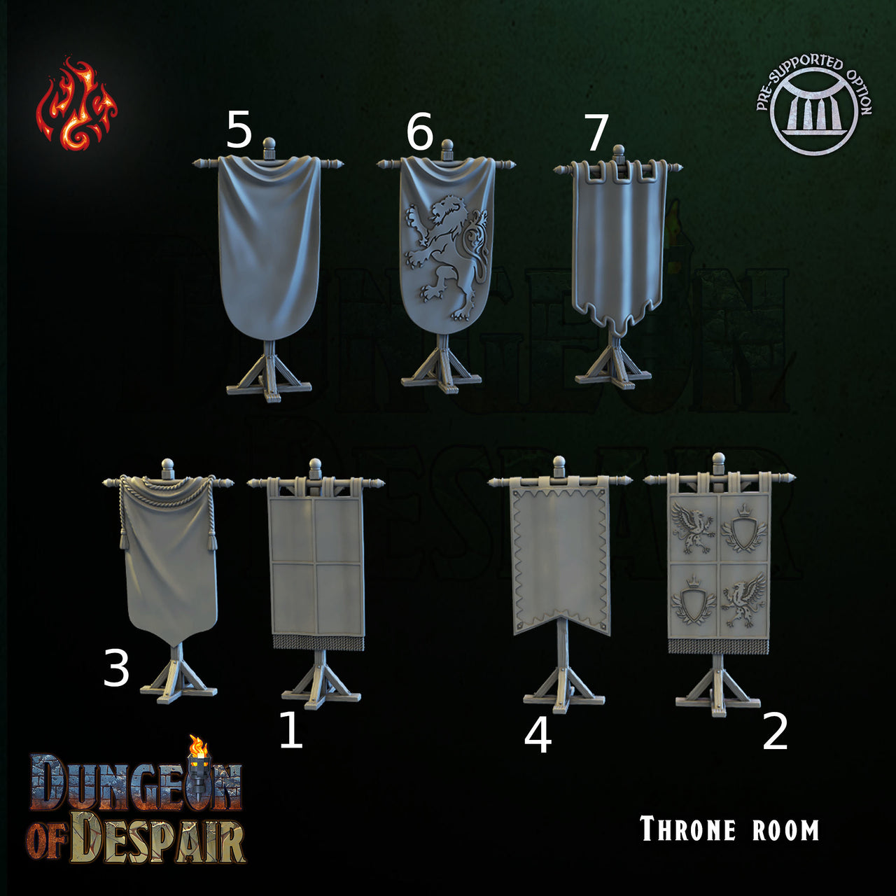 Banners Scatter Terrain - Crippled God Foundry, Dungeon of Despair | 32mm | Castle | Throne Room | Royal | Coat of Arms