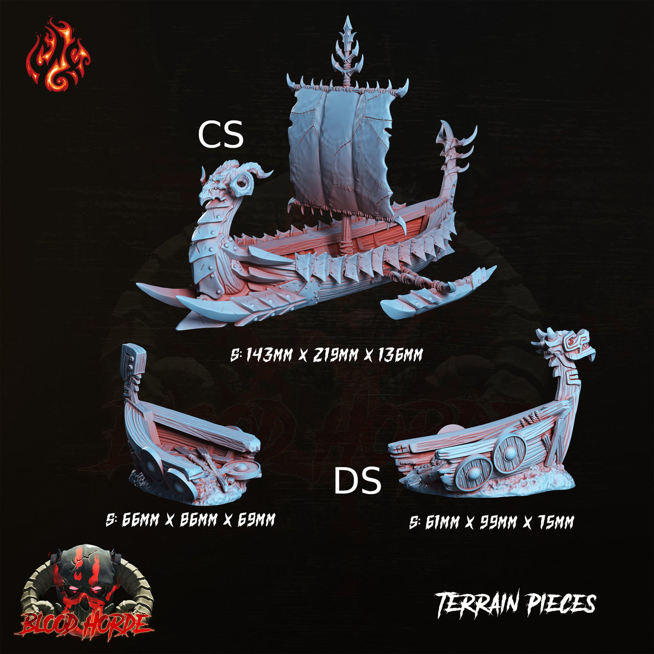 Chaos Ship Terrain - Crippled God Foundry | 32mm | Blood Horde | Viking Longboat | Destroyed