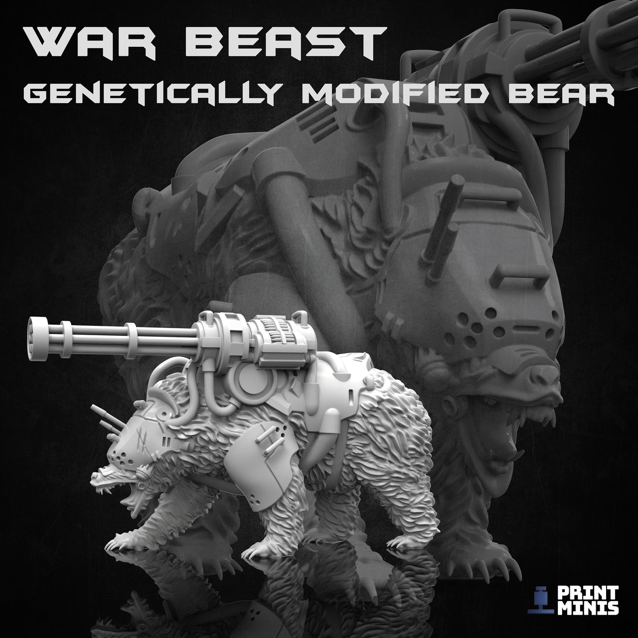 Diesel Bear, War Beast- Print Minis | Sci Fi | Alien | Monster | Cyborg | Mech | Gatling Gun | Russia | Cyberpunk
