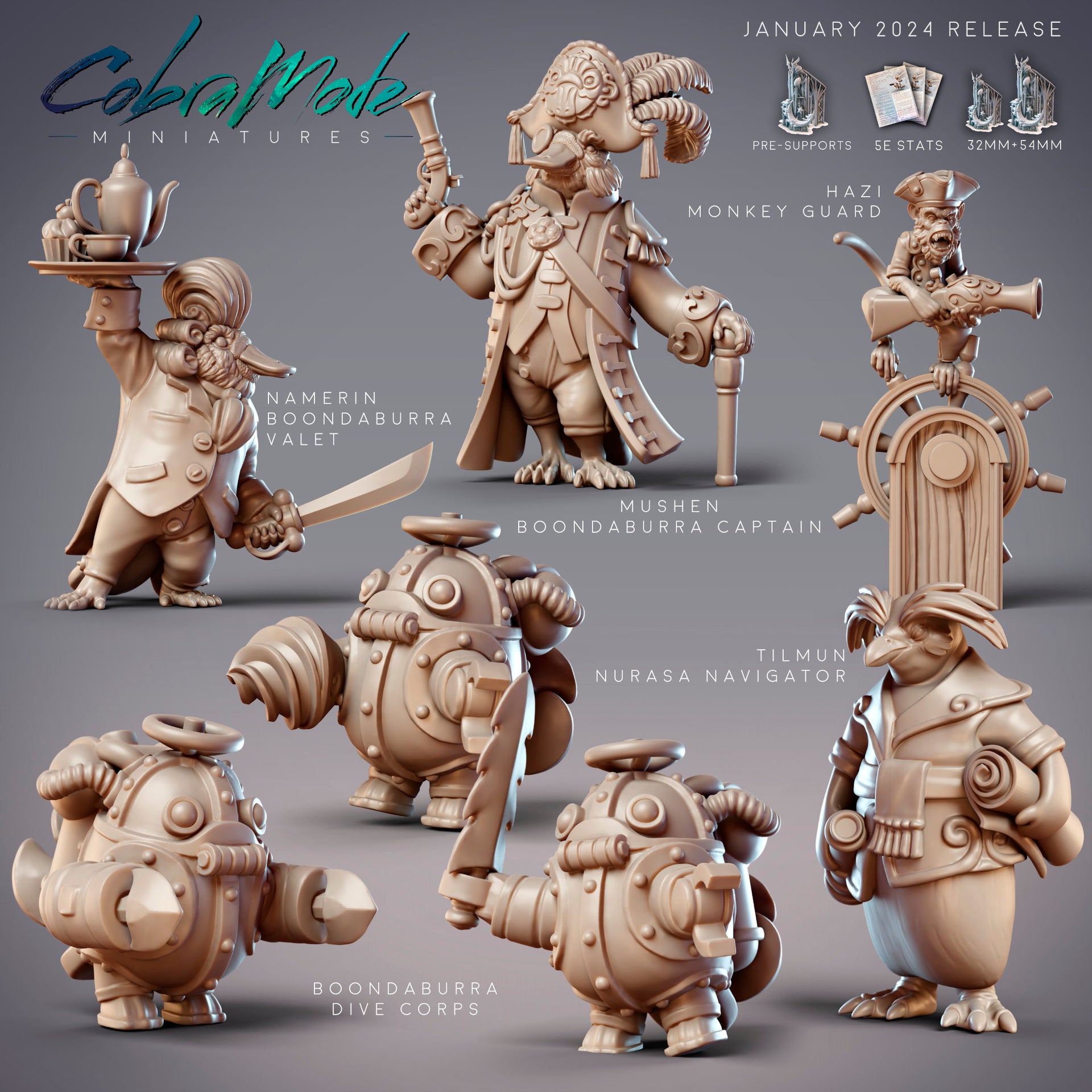 Boondaburra Captain Mushen, Platypus Sailor - CobraMode | Miniature | Wargaming | Roleplaying Games | 32m | Admiral | Pirate | Navy