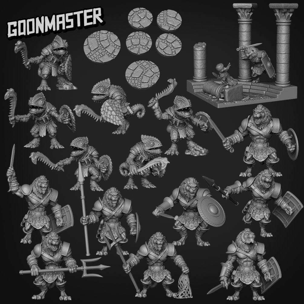 Cat Fight Diorama- Goonmaster | Legendary Lions Miniature | Wargaming | Roleplaying Games | 32mm | Gladiator | Fighter | Lion | Meerkat