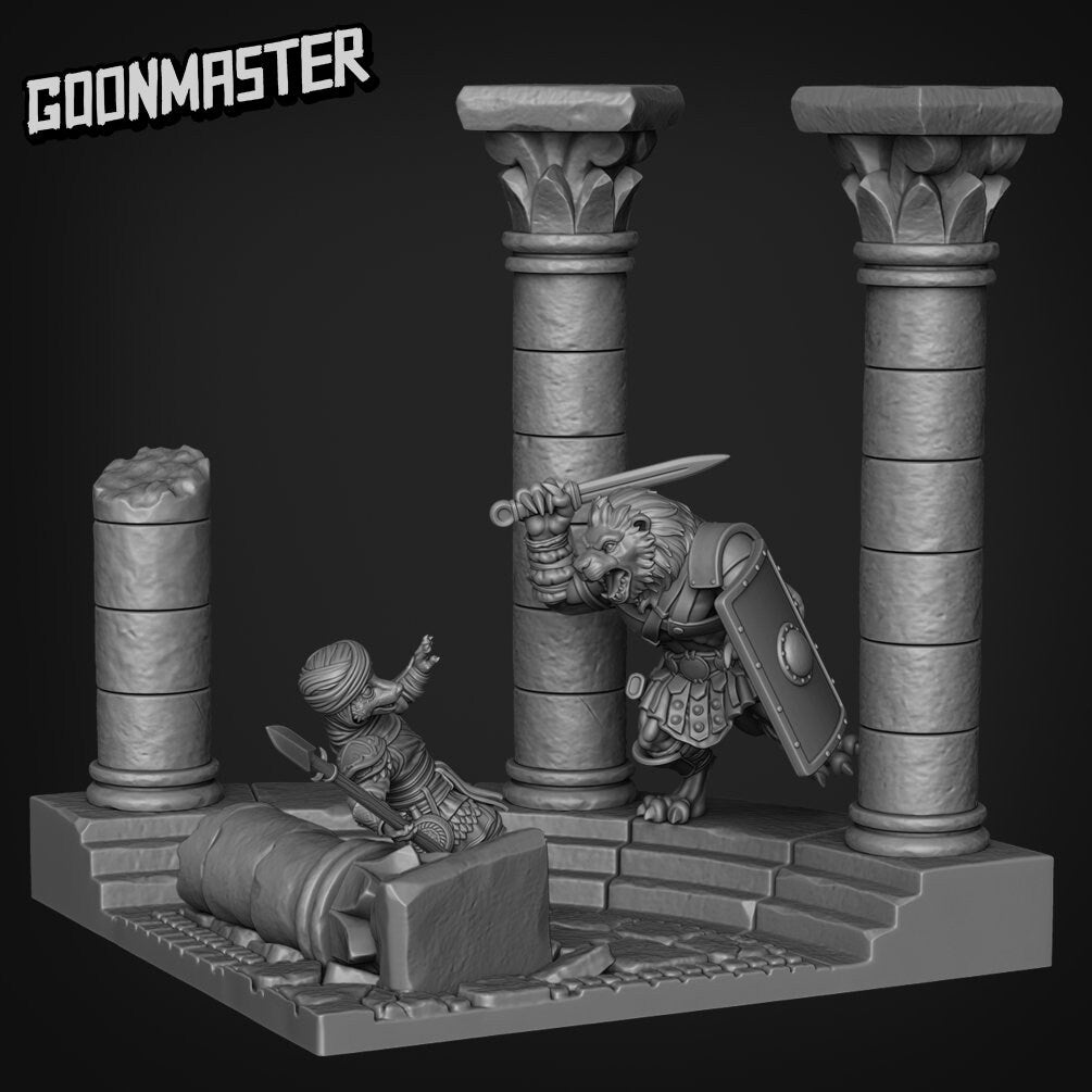 Cat Fight Diorama- Goonmaster | Legendary Lions Miniature | Wargaming | Roleplaying Games | 32mm | Gladiator | Fighter | Lion | Meerkat