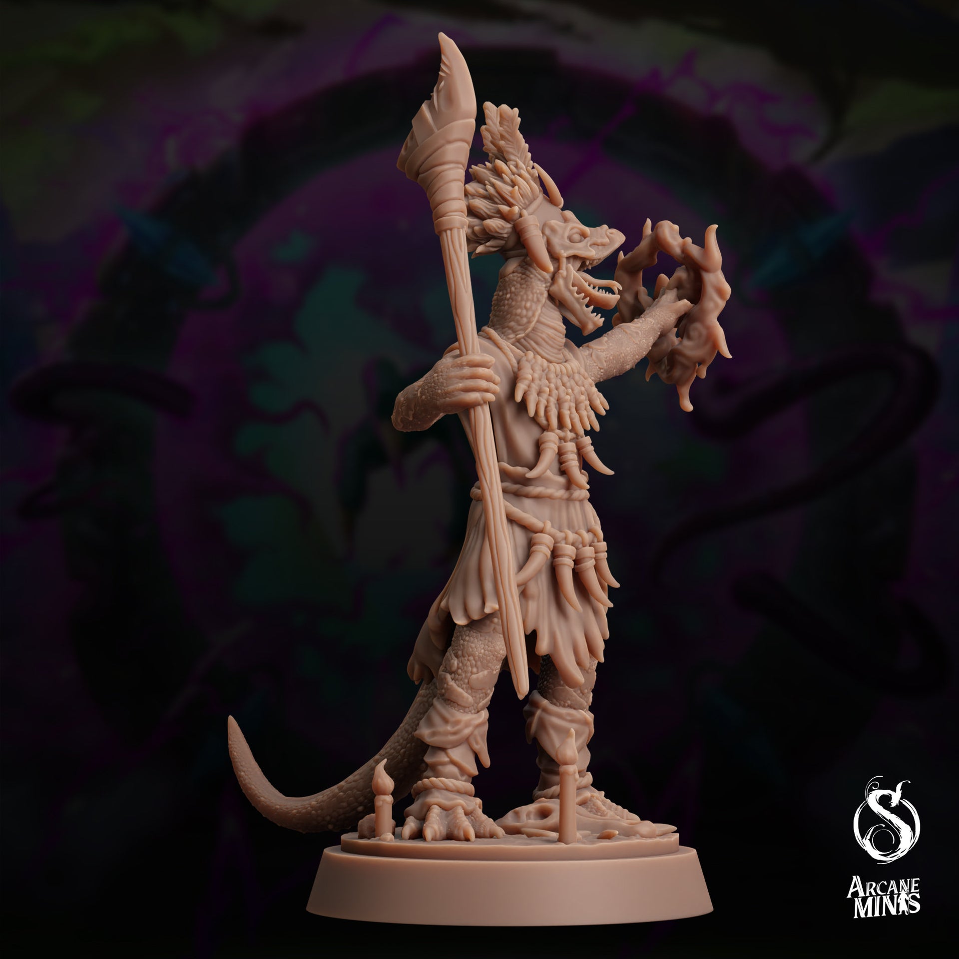 Maka Warpriest, Dinosaur Shaman - Arcane Minis | 32mm | The Skybreaker Chronicles | Lizardman | Dragonborn